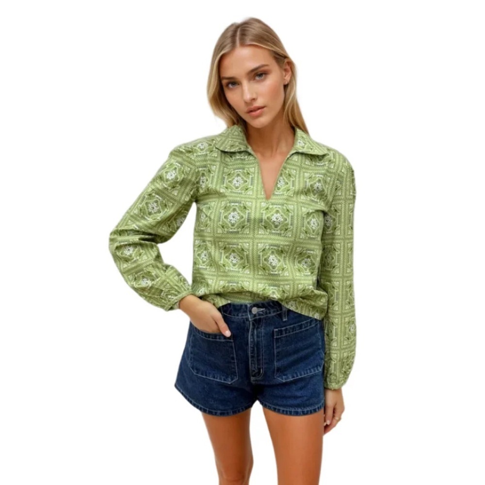 Taylor Tillman Green Patterned Blouse with Denim Shorts